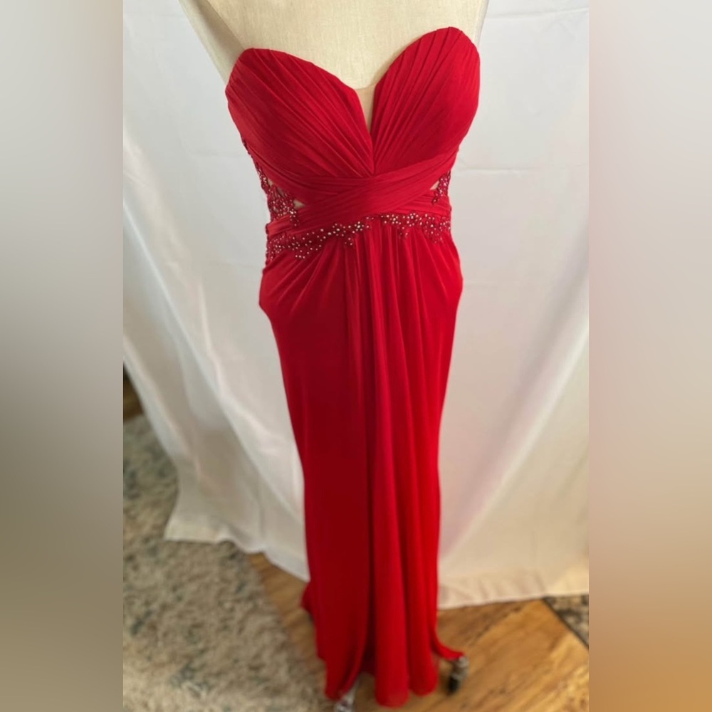 Xscape Strapless Red Evening Gown with Beaded Waist